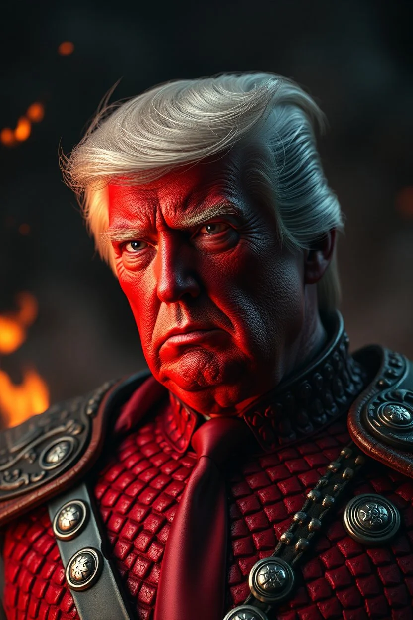 President Trump, red skin, scales, unreal engine 6, high detail, intricate, cinematic. photoshoot style, intricate, studio lighting, masterpiece , highly detailed, 8k, best quality, fire, smoke, dramatic,d,<lora:mshn:0.7>,<lyco:Warrior_Couture:0.5>,