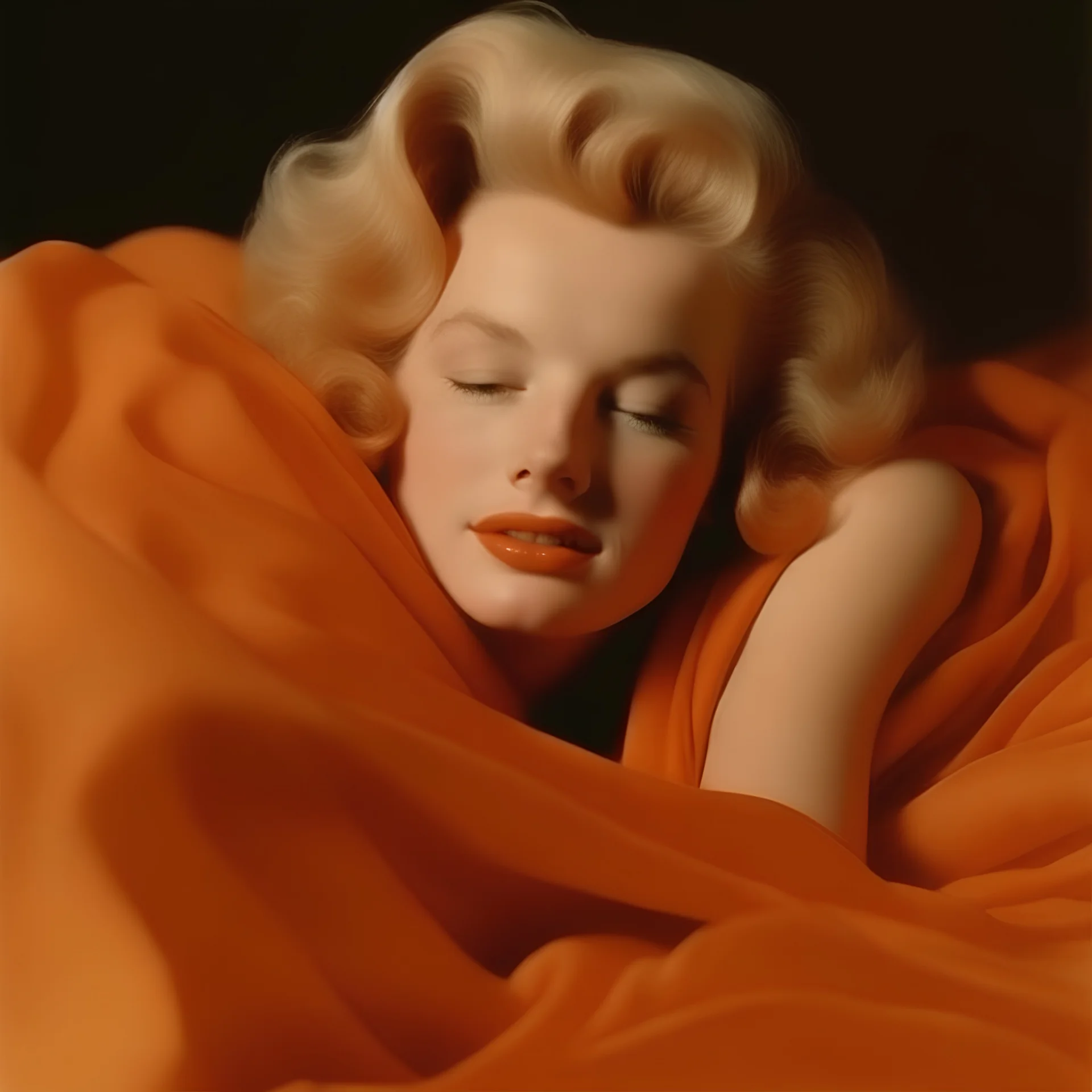 A photograph of marilyn monroe, eyes half closed, with bed hair, melancholy, no make up, in the style of milton greene, pale shiny orange silk scarf around her shoulders,beige bacground