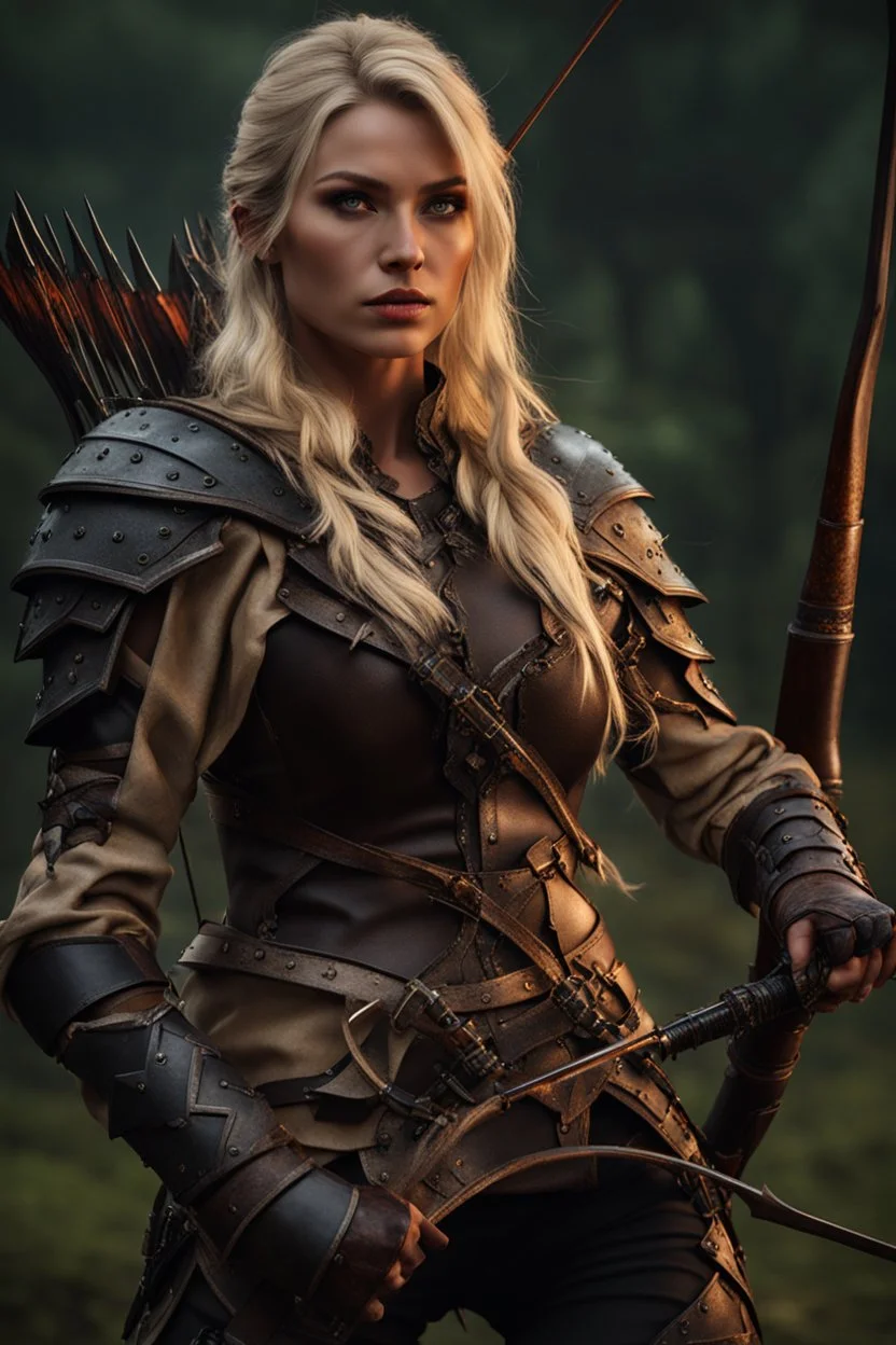 blonde female hunter with a bow wearing leather half armour dark fantasy Realistic 4k