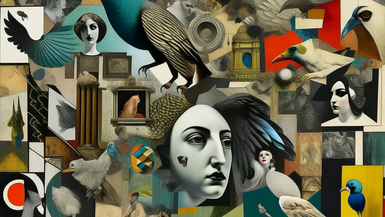 An eclectic collage featuring elements of classical art, animals, human figures and abstract textures, arranged in a captivatingly chaotic composition.