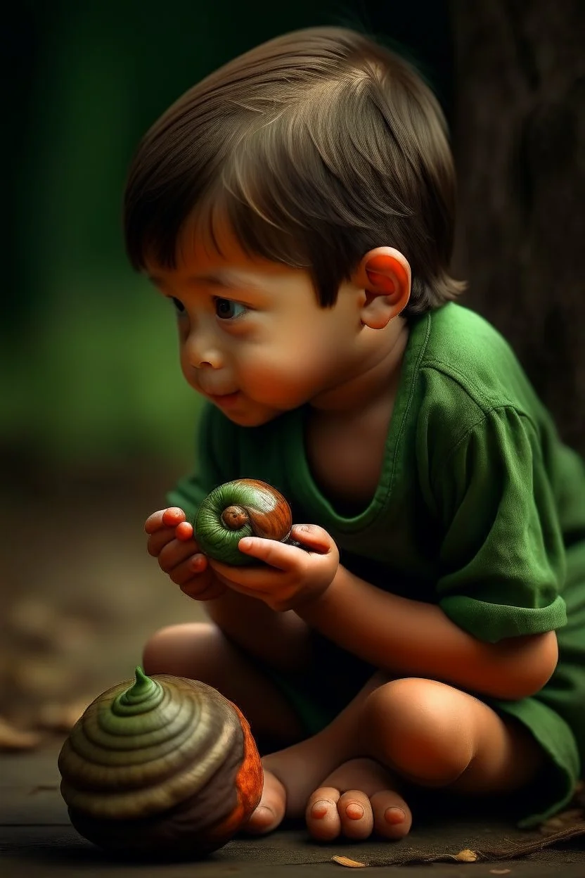 en fattig dreng der sidder og spiser en snegl