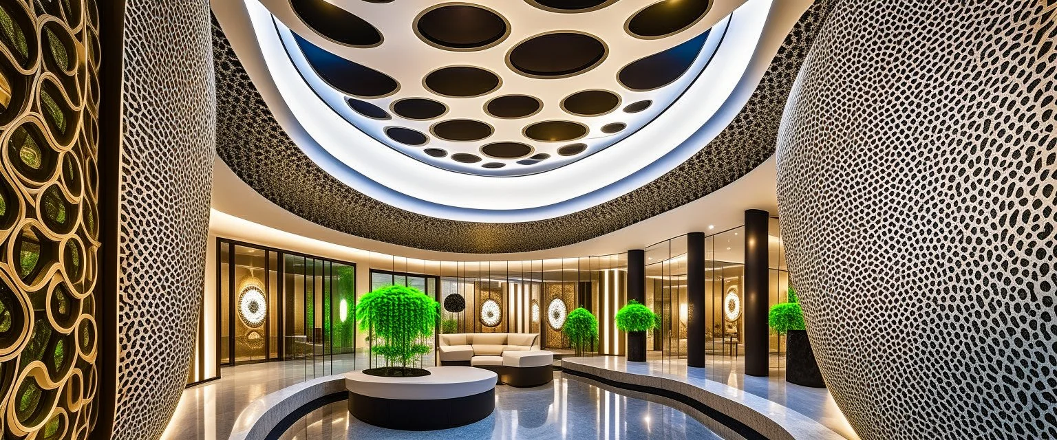 A luxurious hotel with a modern, organic design featuring intricate circles and curves.