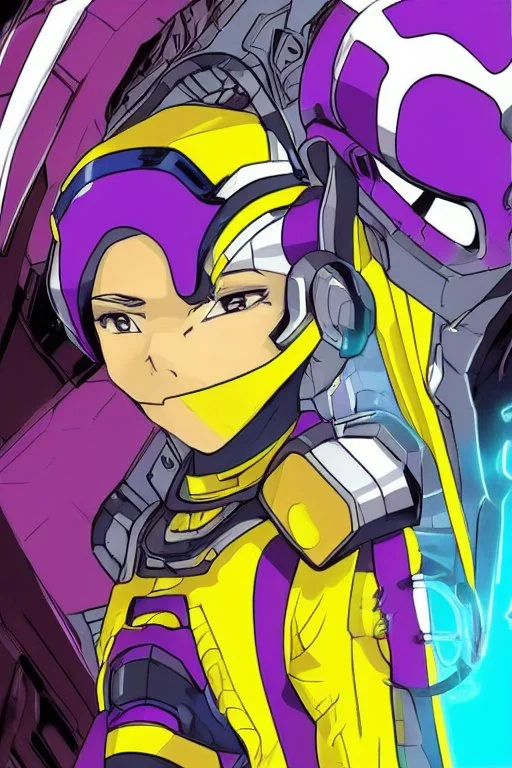 A Genderless Cyborg made of metal, has a human like face with a long violet ponytail, the cybord is wearing armor similar to Megaman Omega. The color palatte of the armour is deep purple and yellow.