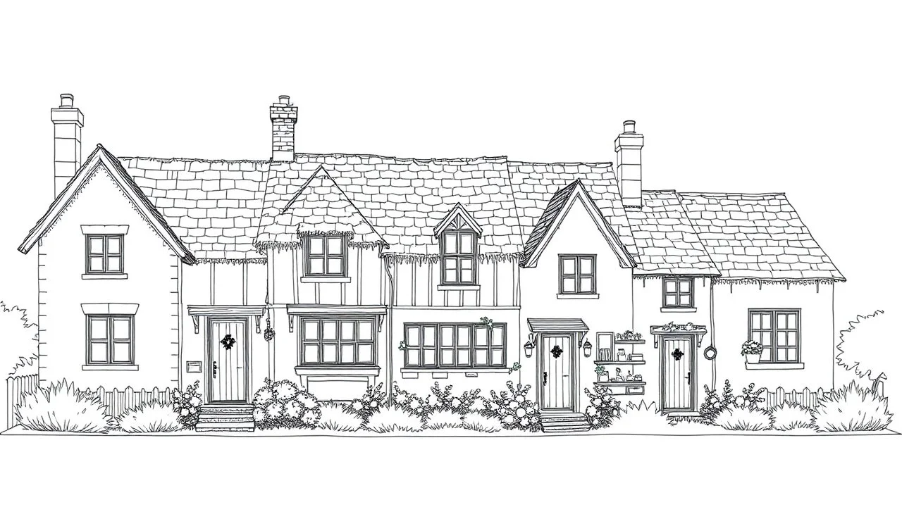 A front elevation fine line drawing of a row of ramshackle fantasy cottages.