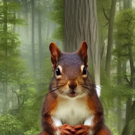 Fantasy image,wooded background, squirrel looming over a four inch person