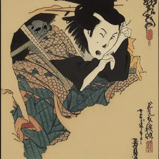 Knive in Skull in water smoking by Hokusai