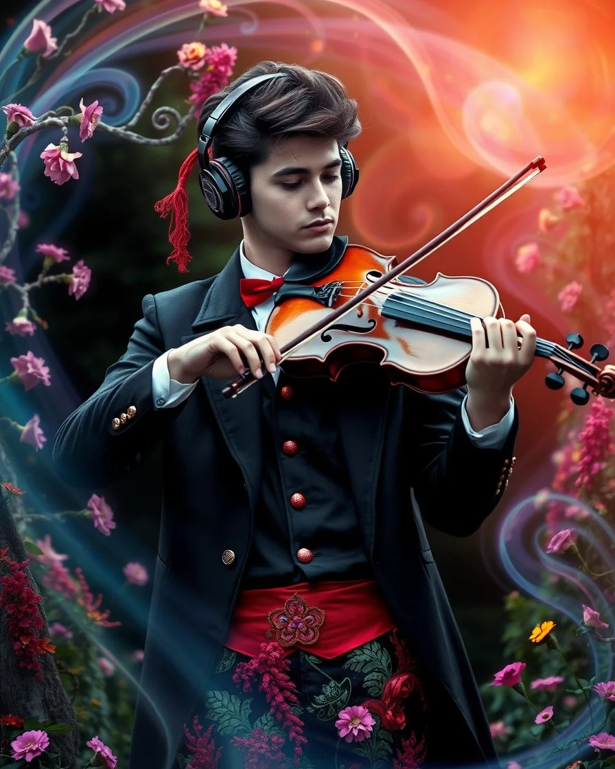 Gorgeous Realistic Photography a handsome young man a stunning adorned in vibrant luxury casual man clothing carnival attire, headphones,playing violin standing in garden park flowers,ethereal beauty, black background, with swirling colors and fantastical tiny flowers, enchantment and grace, twisted vines, whimsical, surreal landscapes, emotive style, dreamlike quality, and magical realism, carnival red, ethereal pink, whimsical blue, vibrant green, celestial purple, golden amber