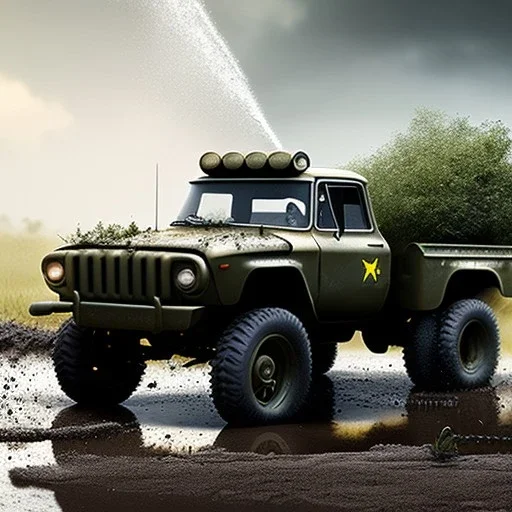 photorealistic shot, muddy military toy truck, monotone color palette, sharp focus, puddle reflection, tire water splash, refraction, mist on the horizon, shadowcast, detailed and intricate, cinematic composition, micro, tilt shift photography