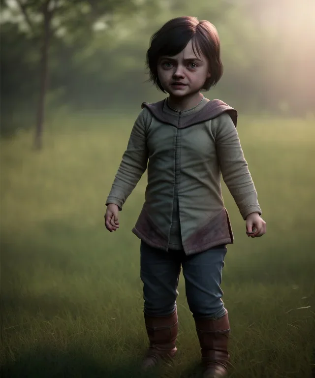 Arya stark toddler, full body, soft skin, dramatic lighting, hyper realistic