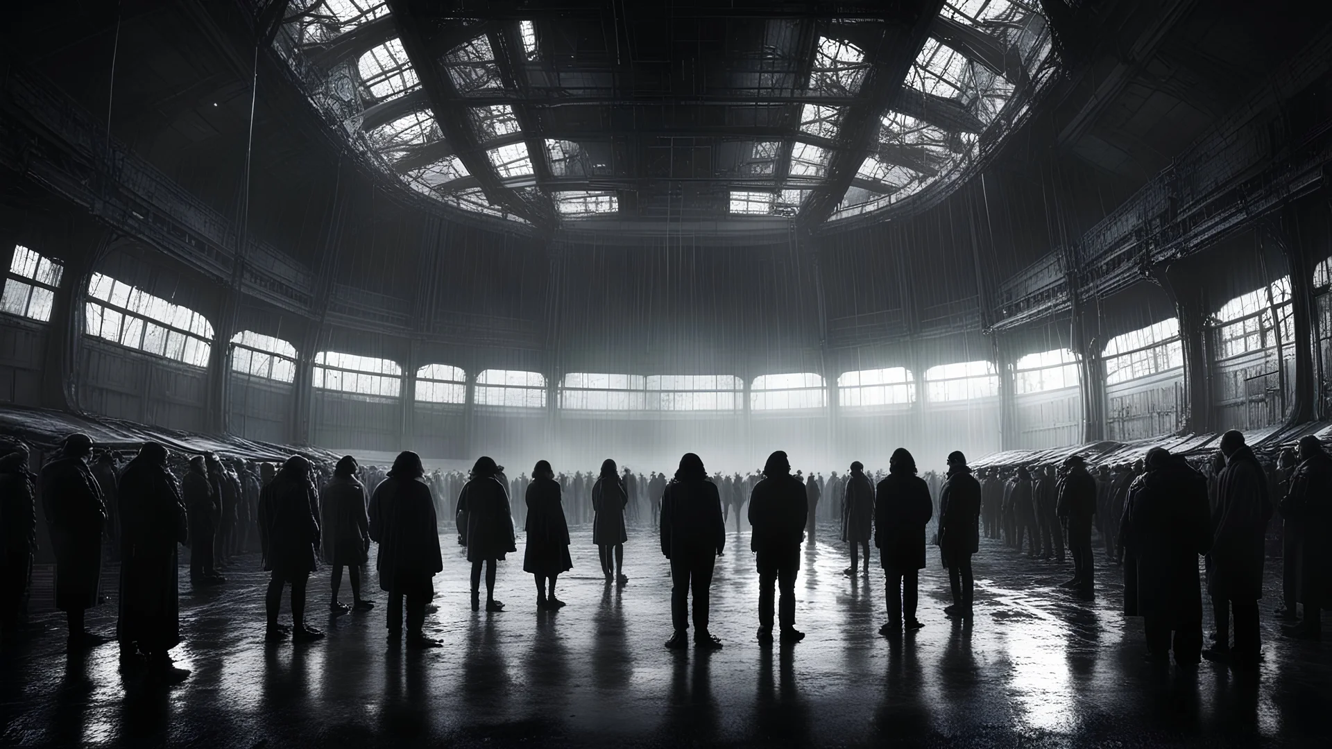 many people man and women standing in circle, one man in centre, inside dark extremely large sci-fi old hangar high ceiling, dark room, rain, wet, ambient light, photographic, black and white
