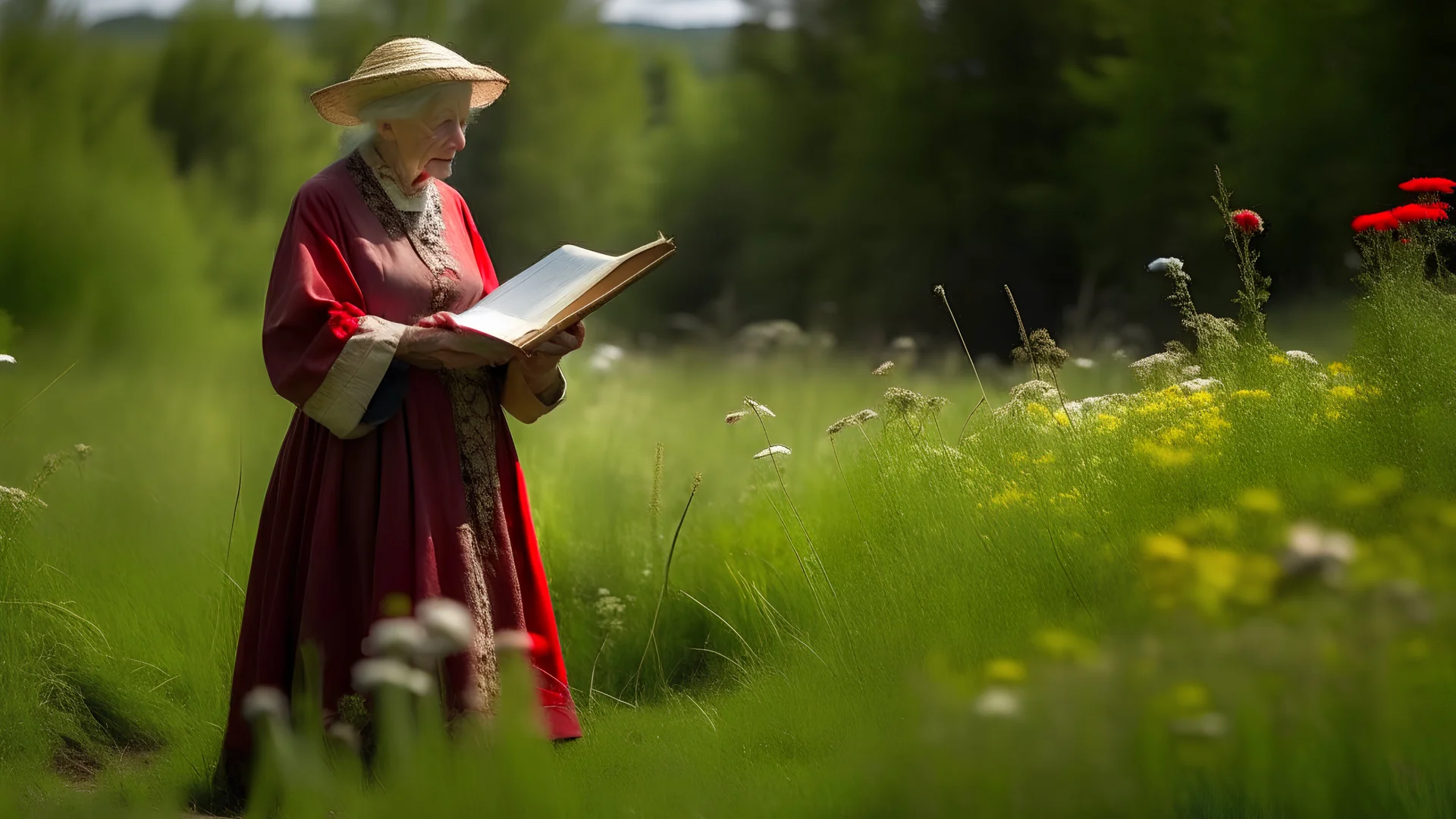 An elderly peasant woman, seen in full body, wearing clothing appropriate to her work, is reading a letter outdoors. She is standing and holding a red umbrella, and is in a field of grass and flowers with many trees in the background.