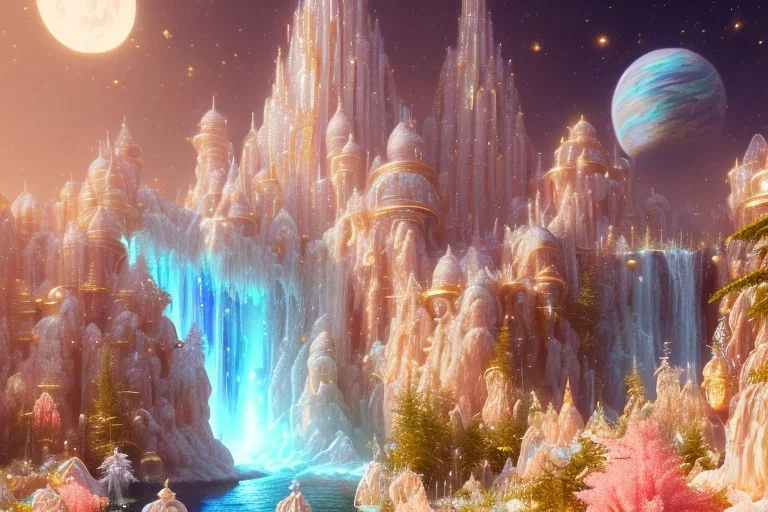  white and gold crystal cosmic ambiance，waterfall, full of details, smooth, bright sunshine，soft light atmosphere, light effect，vaporwave colorful, concept art, smooth, extremely sharp detail, finely tuned detail, ultra high definition, 8 k, unreal engine 5, ultra sharp focus