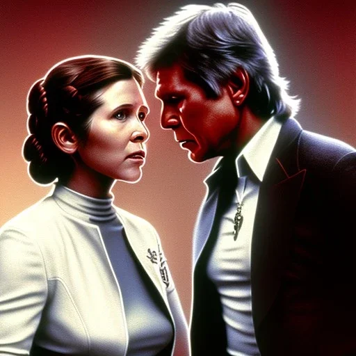 carrie fisher embracing harrison ford, waist up portrait, intricate, oil on canvas, masterpiece, expert, insanely detailed, 4k resolution, cinematic smooth, intricate detail , soft smooth lighting, soft pastel colors,