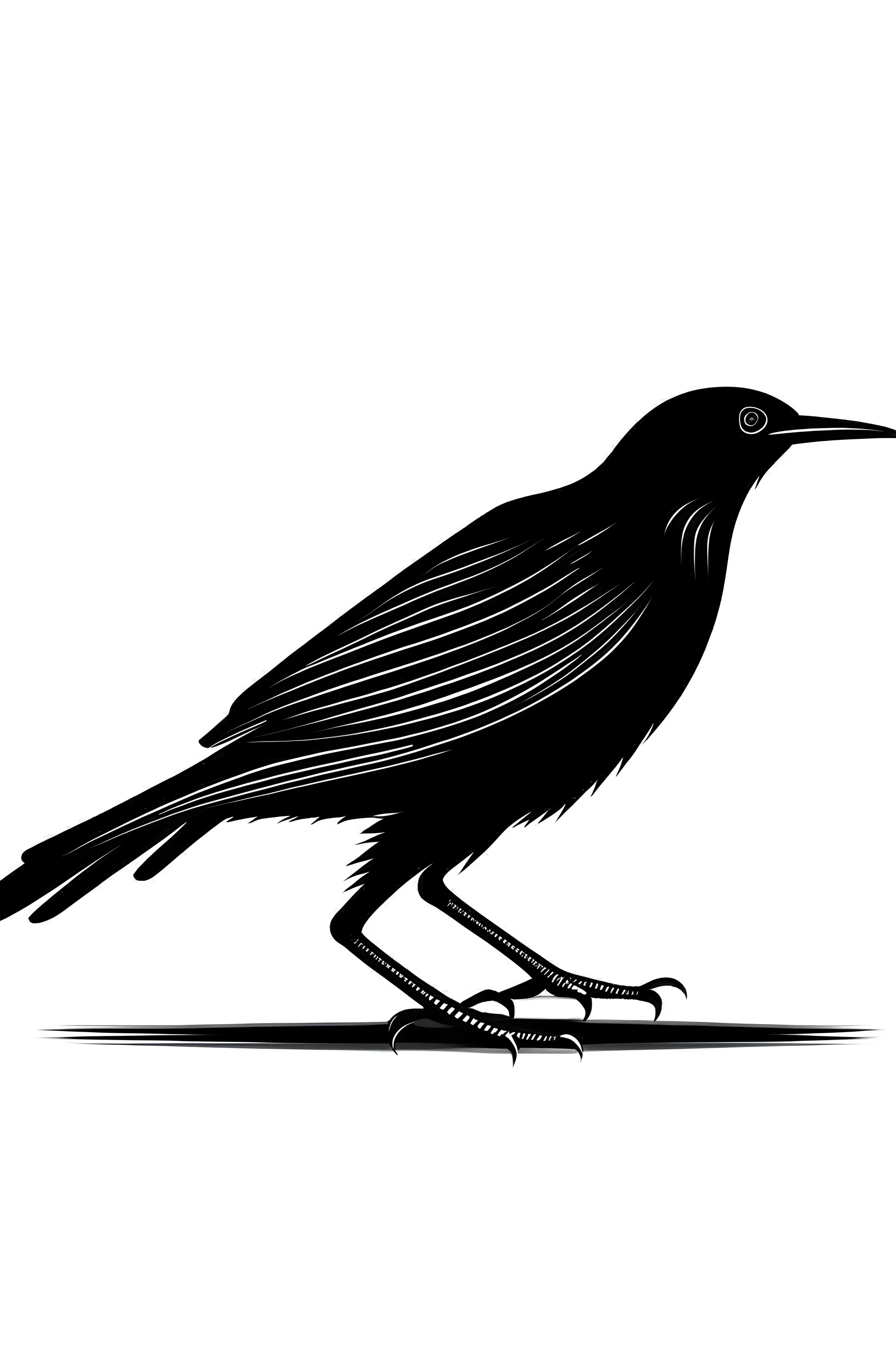 blackbird looks to right side, the bird has high boots on his feet, side view, logo style, only black curves, no filling colors