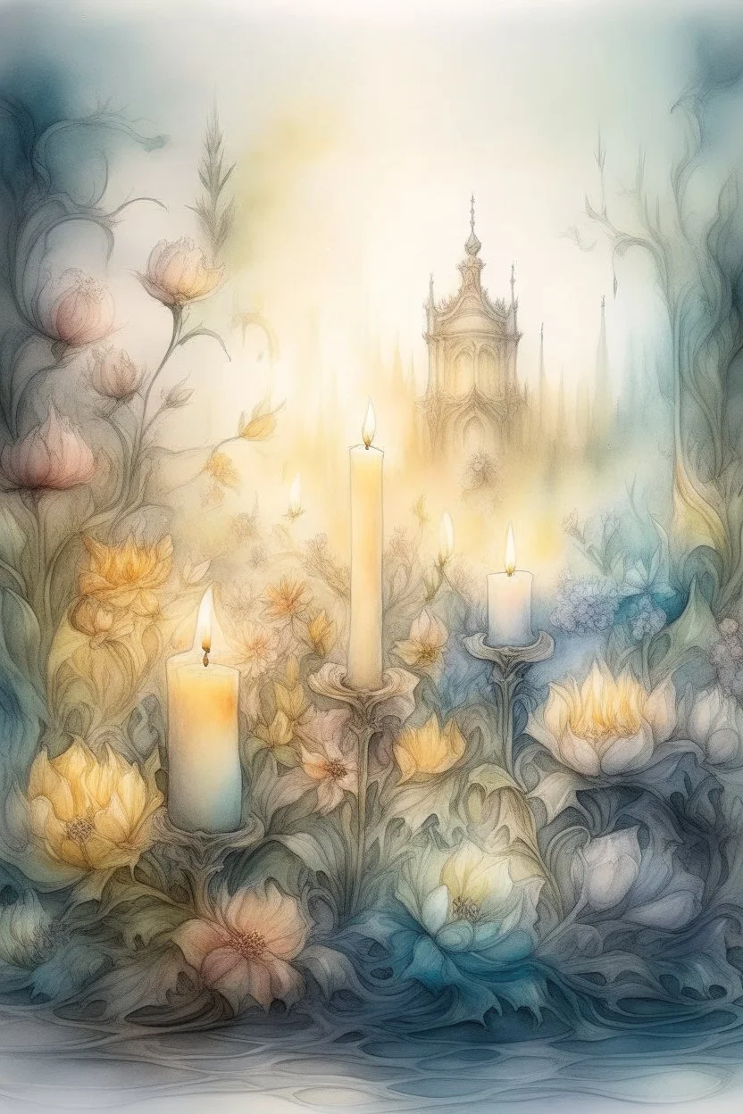 magic Watercolor, color, flowers, candles, purification from ghosts, subtle black ink drawing, several landscapes, collage, fog, many details,delicate sensuality, realistic, high quality,3d, work of art, hyperdetalization, professionally, filigree, hazy haze, hyperrealism, professionally, transparent, delicate pastel tones, backlight from behind, contrast, fantastic, fabulous, unreal, translucent, glowing,clear lines, horror,epic, hyperrealism.