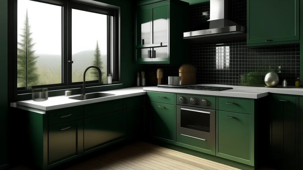 kitchen with dark green furniture, on the left side by the window from the bottom up, a microwave and an oven installed in the furniture, and on the right side and next to it an induction hob and a cooker hood above it, on the right side there is a sink and a dishwasher underneath it