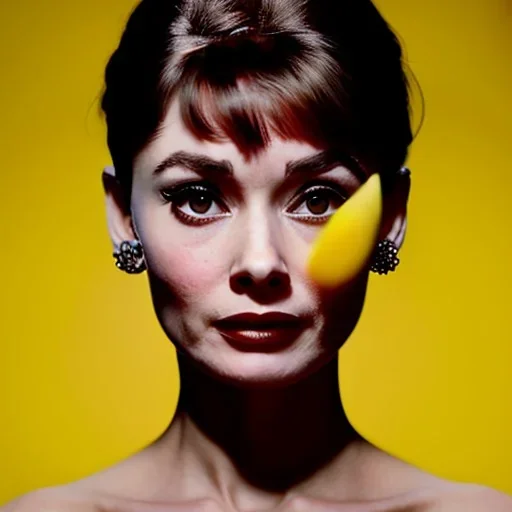 Audrey Hepburn with yellow flowers for hair, closed eyes, rtx, reflection, 8k, glow, winning photography, caustics