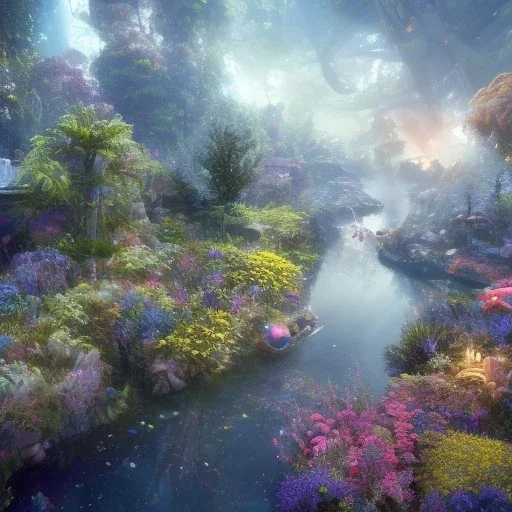  scifi landscape, bioluminsescent plants, 8k resolution, dynamic lighting, ultra hyperdetailed, waterfalls, ultra colourful flovers,, very small details, realistic.