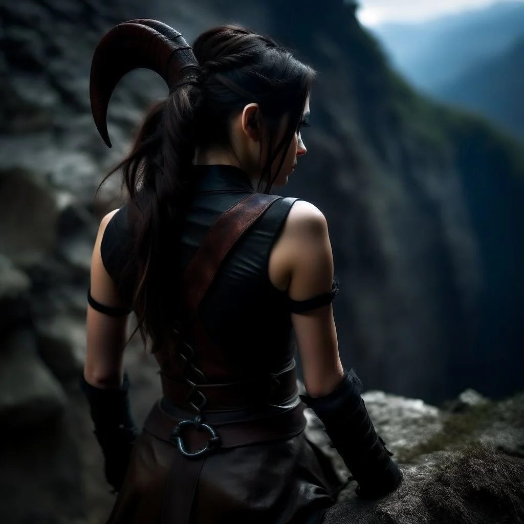 a beautiful tiefling woman with dark hair in a sleeveless battle outfit, seen from the back, at the edge of a precipice, ready to jump, photo quality, dark colors