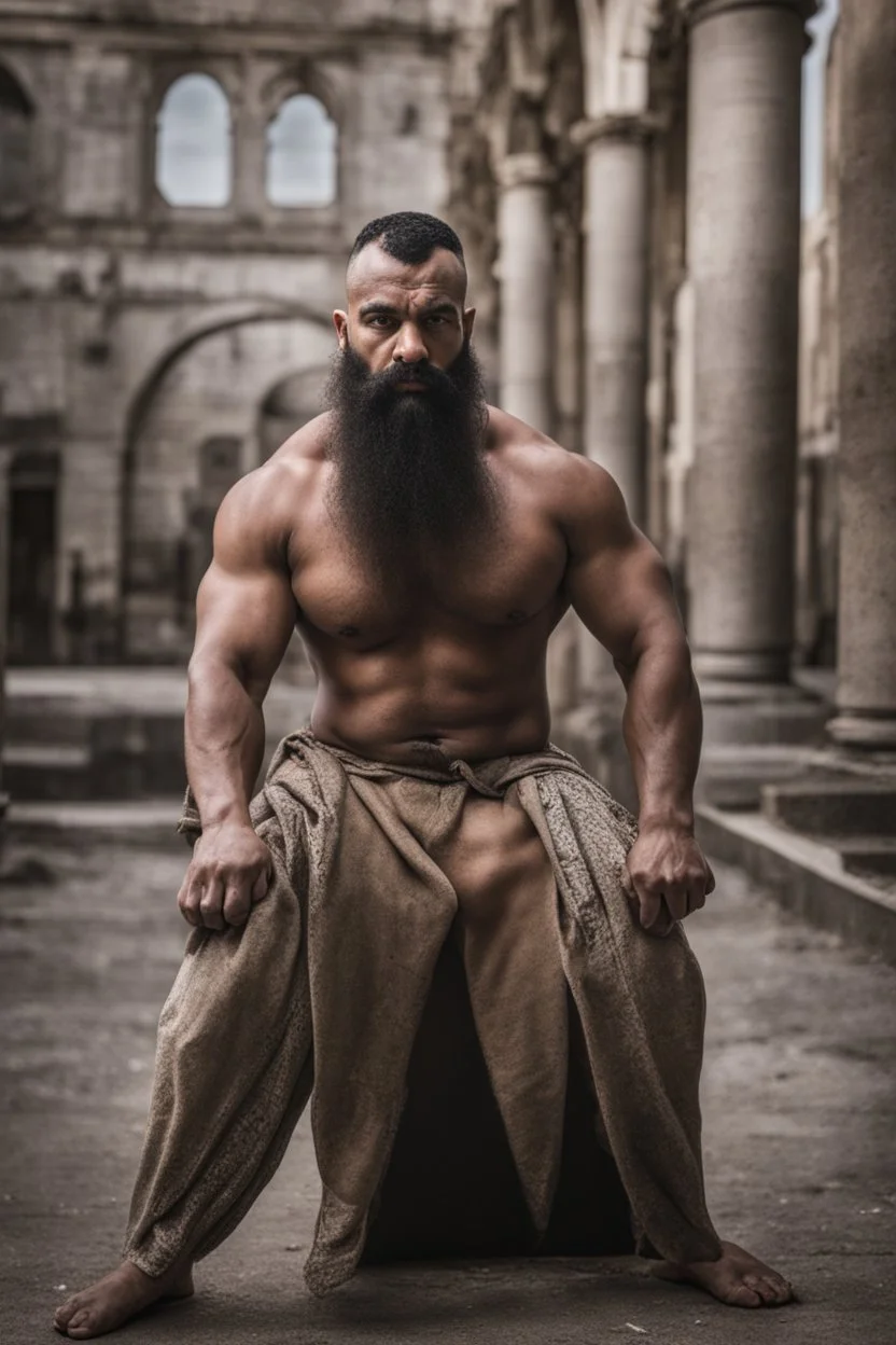 full figure shot photography of a burly ugly 30 year old italian boxer with big broken nose, very long muslim black beard, muscular beefy man shirtless, manly chest, big shoulders, shaved hair, bulge, photorealistic