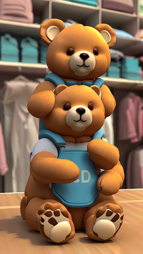 3d imge of teddy sit on table inside th middle of baby shop or baby store