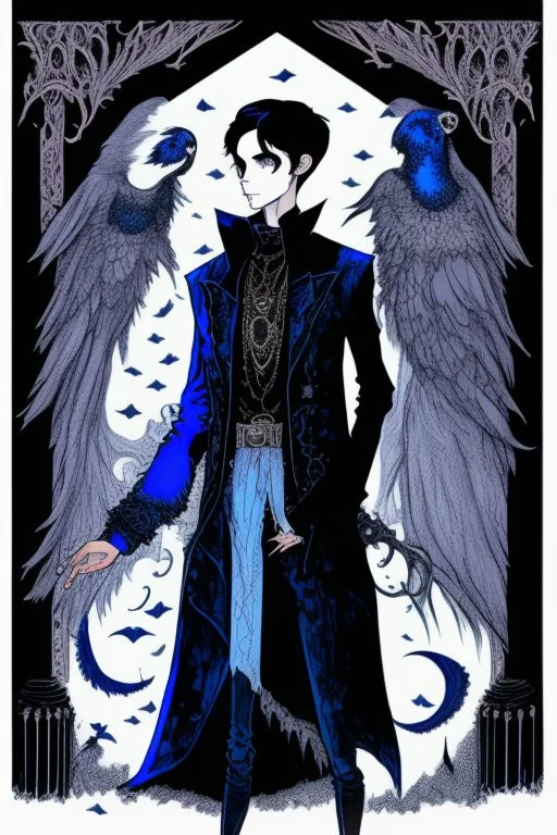 black haired blue-eyed young man necromancer wizard with gothic jewelry in the style edward gorey