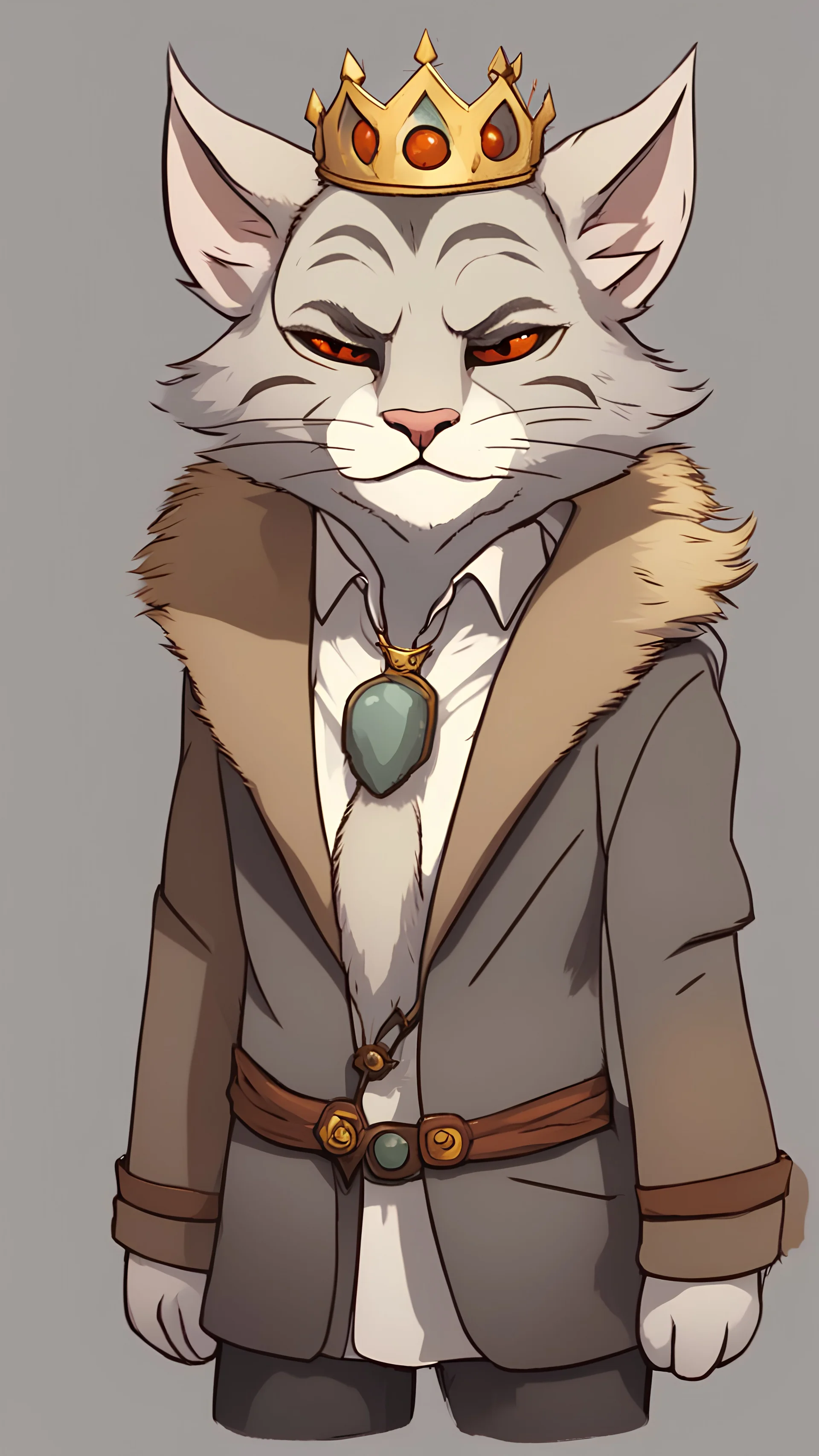 Studio ghibli style Male khajiit with grey fur wearing a crown and modern jacket