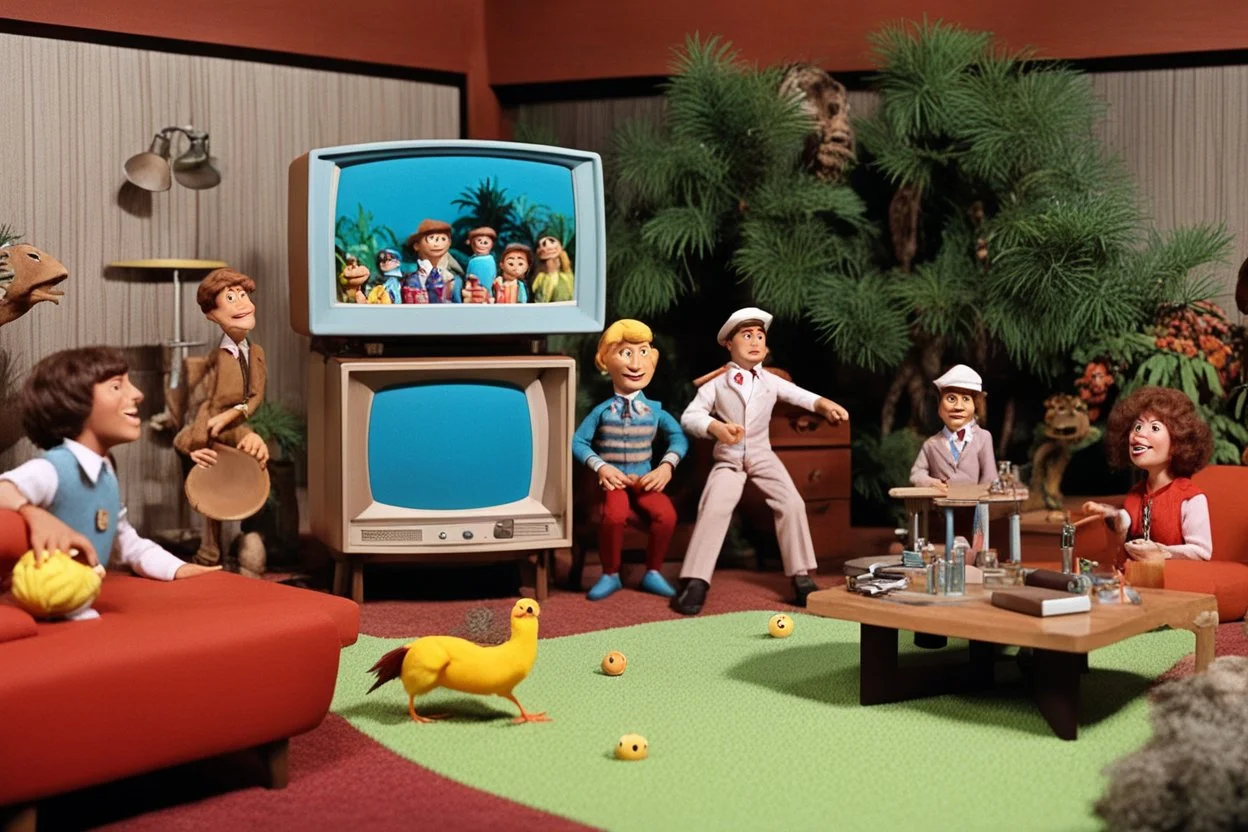 [1960’s stop-motion animation style in the living room] a 70s humour funny advertisement video TV featuring The Brady Bunch, Gilligan's Island, Laugh-In, The Partridge Family as a claymation character toy from a claymation horror movie in burning rainbow land, from hell, creepy Videos, eyeballs and trees everywhere , as old advertisement shot on video VHS