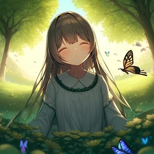 tiny anime girl sleeping in the distance, in a field of flowers, underneath a willow tree, with a butterfly on her nose