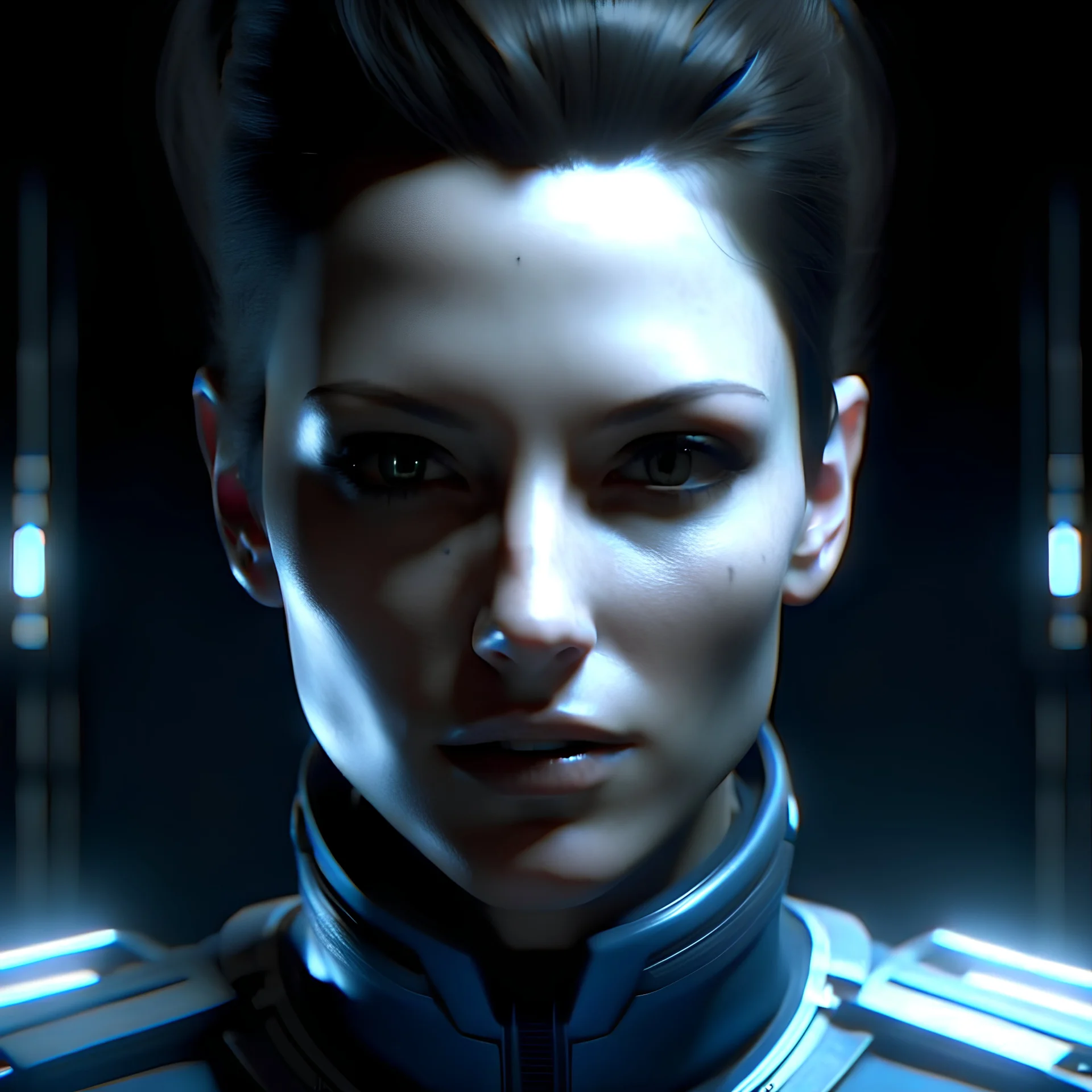 beautiful female captain, high tech, sci fi, brown eyes, pale skin, blue high tech outfit, dark bun hair, scowling
