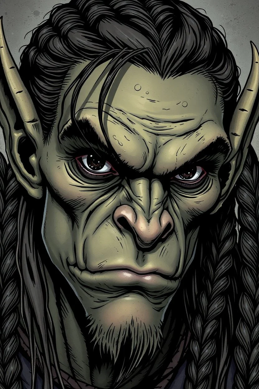 highly detailed dungeons and dragons character portrait of the face of a young male half Orc , tall, slender humanoid with rough, leathery skin and bright black eyes, sunken deeply in their orbits, long and angular skull with small, highly placed flat nose, and ears that are pointed. Highly detailed hair long hair in braids in the comic art style of Bill Sienkiewicz, Mike Mignola, and Jean-Giraud Moebius
