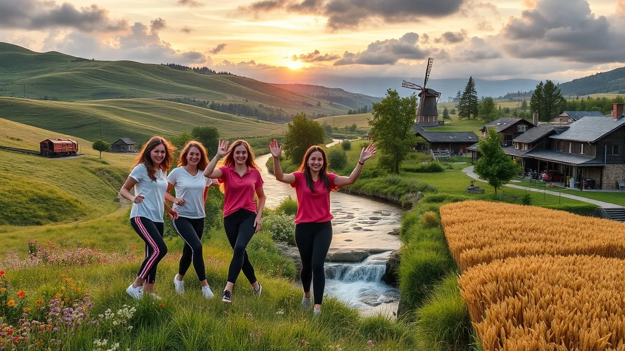 a group of young ladies in sports pants and blouse are dancing to camera in village over high grassy hills,a small fall and river and wild flowers at river sides, trees houses ,next to Ripe wheat ready for harvest farm,windmill ,a pretty train is arriving to station along river,a few village local shops ,cloudy sun set sky