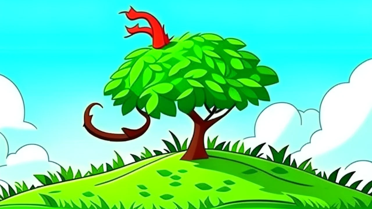 fantasy cartoon illustration: a shrub on a hill, there is a ribbon on the shrub