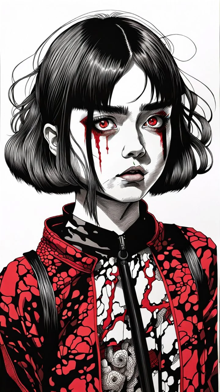 a full body pen and ink drawing of a deathly fatal, vampire Maisie Williams in style of Shintaro Kago, Junji Ito, 8K Resolution, highly detailed hair, body, and facial features, dark brooding, satirical atmosphere in black and red