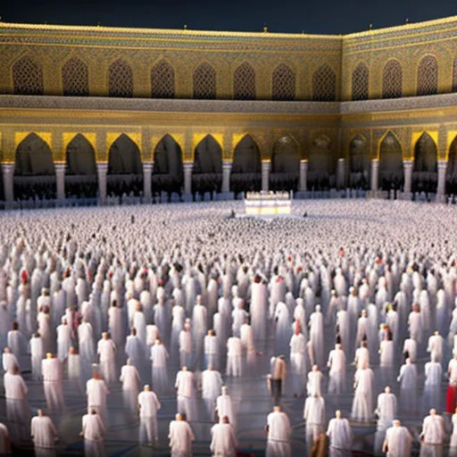 The scene in Mecca: People wearing white Ihram clothes, men without head coverings, women with veils, circumambulating around the Kaaba, and above them are transparent white spirits of children, men, and women with wings revolving around the Kaaba.