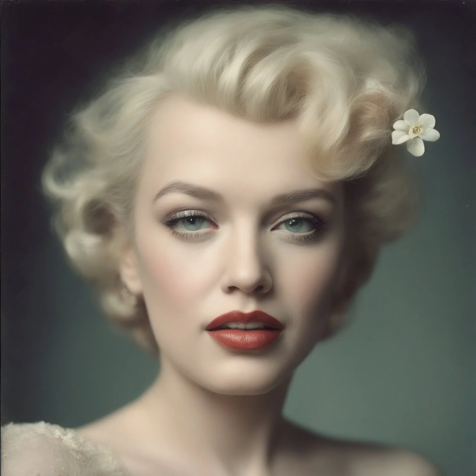 1960s autochrome head shot of marilyn monroe, hair pulled up and adorned with teeny-tiny flowers,