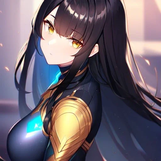 girl, masterpiece, best quality, volumetric lighting, detailed outfit, perfect eyes, black hair, golden eyes, long hair, body suit, looking behind,