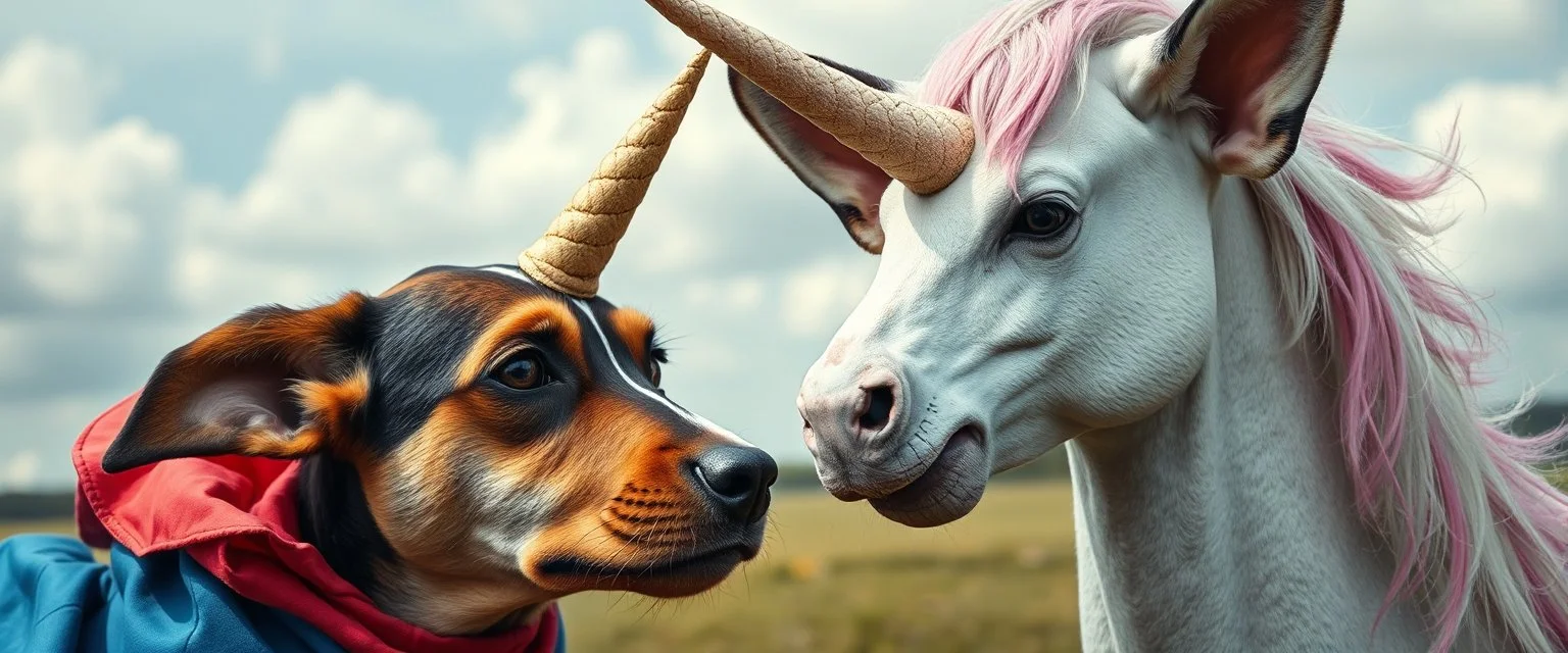 badly painted super dog vs unicorn looking confused in close up