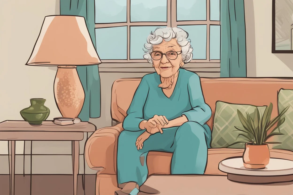 digital drawing of a Grandma sitting at her house ( sofa ) talking to someone out of frame