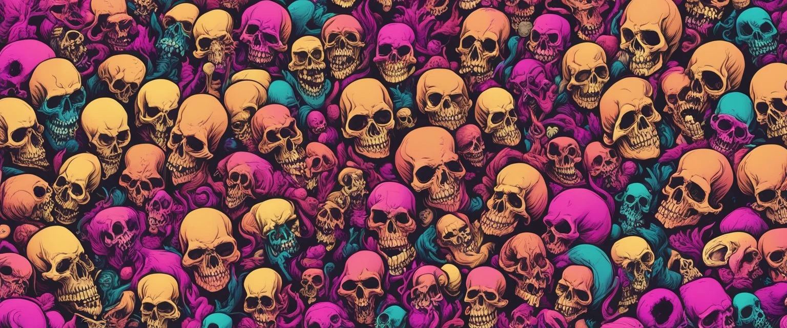 a field of 1000s of cartoonish, anatomically correct, skulls, vivid RANDOM BRIGHT neon colors, dark comedy, well lit, high detail, photorealistic, horrorcore, fun, scary, dead