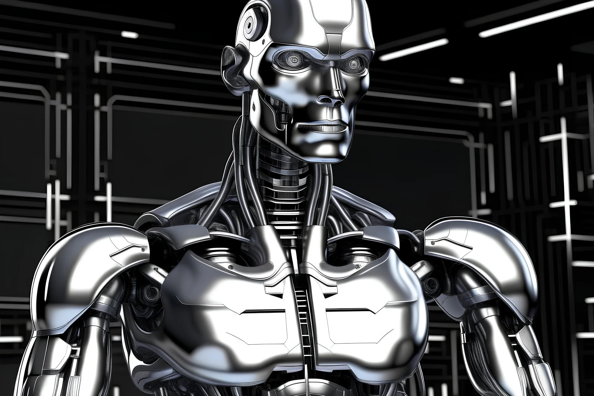 sculpted in the style of Michelangelo every square inch of his rippling epidermis brilliantly gleams like newly polished chrome 8 foot tall android robot nod to 1950's tv scifi lore depicted as accurate model to actual scale pro quality photo real