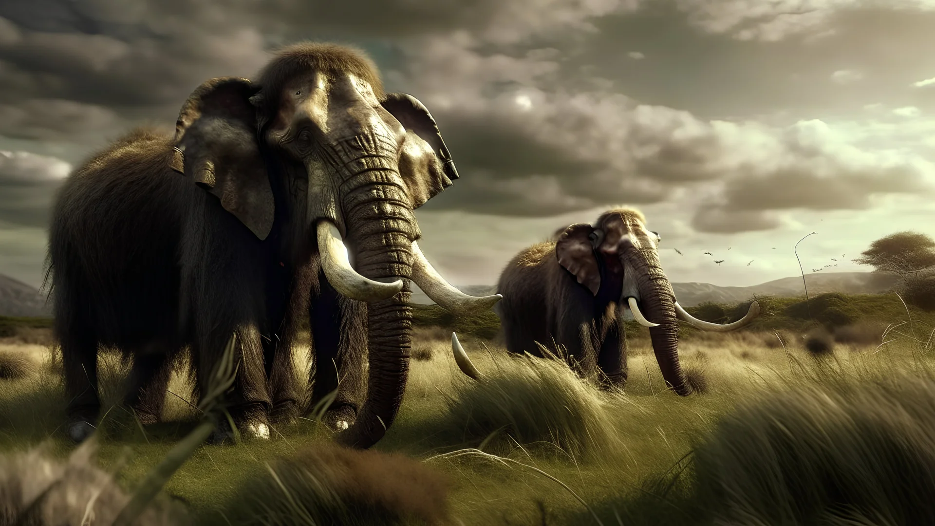 extinct mammoths in a typical grassland with intricately detailed faces, professional photography, a breathtaking background, natural environment, cinematic side light, long shot on DSLR 64 megapixels sharp focus, canon lens, Hyperrealistic, concept art, 16k resolution