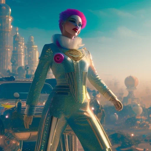 full body , cosmic woman,highly detailed, hyper-detailed, beautifully color-coded, insane details, city scape ,Ultra realistic mad max scene. clown man, color smoke fog, waist up view, Wes Anderson style, happy, highly detailed, concept art, unreal engine 5, god rays, ray tracing, RTX, lumen lighting, ultra detail, volumetric lighting, 3d, finely drawn, high definition, high resolution.