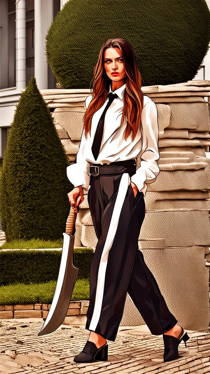 Full body athletic Ukraine female with black wide leg pants, white blouse, head of a Greek or roman sculpture , long hair, holding a trench cleaver, flat leather pouch on belt, thick heeled shoes