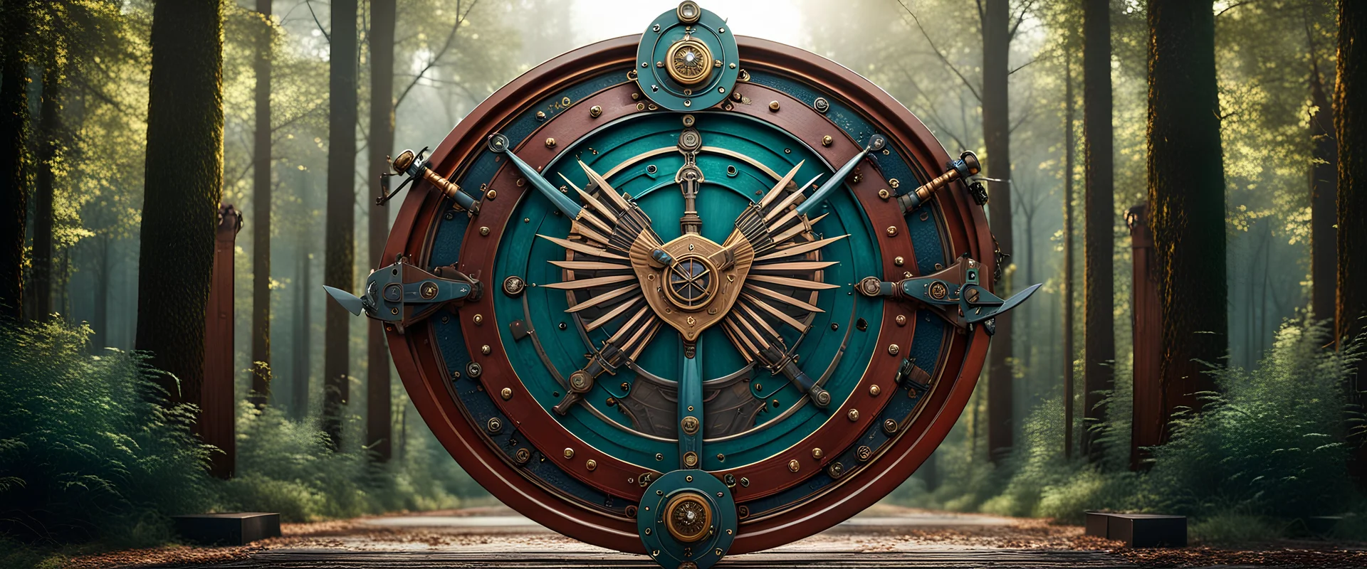 High-end hyperrealism symmetrical Steampunk ((logo ARD)), swords and shield symmetry, placed 10 metres away from the camera, inspired cinematic photography, symmetry forest alley background, Aesthetic combination of sage green and blue metallic and honey red, Vintage style with brown pure leather accents, Art Nouveau visuals with Octane Render 3D tech, Ultra-High-Definition (UHD) cinematic character rendering, Detailed close-ups capturing intricate beauty, Aim for hyper-detailed 8K