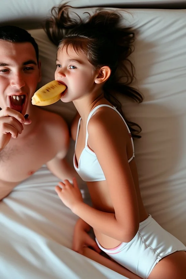 young teenage girl in a swimsuit on a bed. eating a banana. with dad