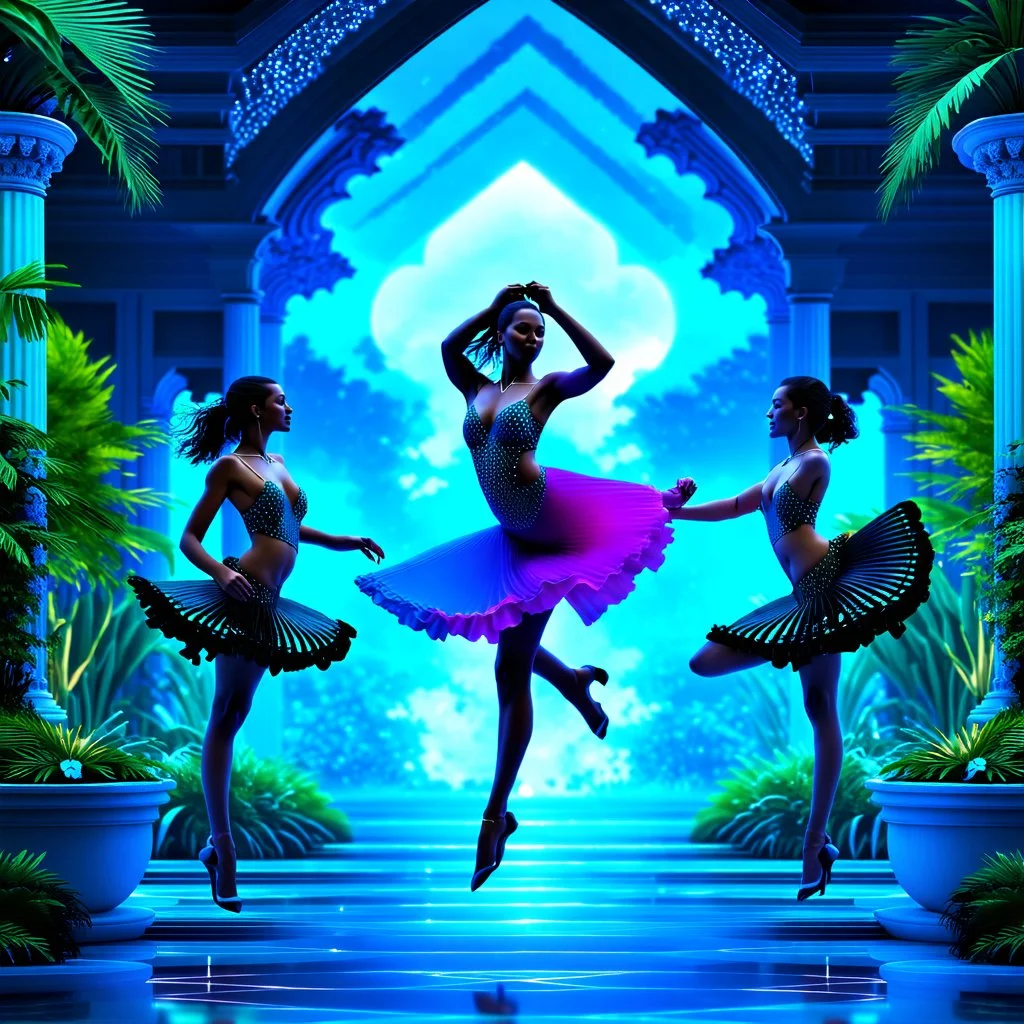 3D fractal recursive art of dancer girls in a futuristic magical villa garden. Intricate, detailed, dreamlike, fantastical, surreal, volumetric, layered, geometric patterns. Ethereal, shimmering, otherworldly. Elegant, graceful dancers in motion, surrounded by lush, verdant vegetation, ornate architecture, and glowing, luminescent elements. Vibrant, saturated colors. Mystical, sci-fi, utopian atmosphere