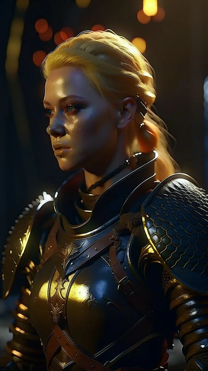 blonde female hunter wearing leather half armour dark fantasy Realistic 4k