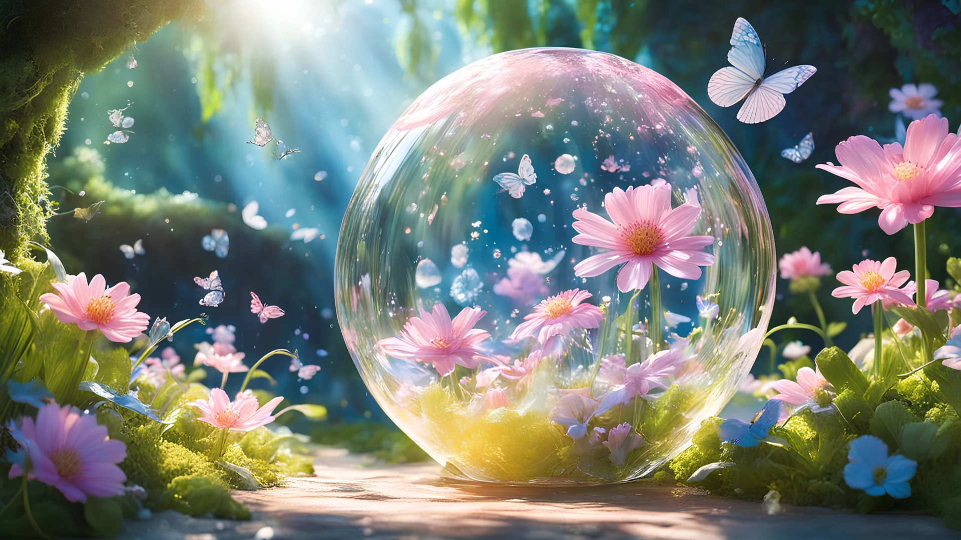 Envision a whimsical fantasy world where a colossal, cute, blushed, and irresistibly translucent transparent ethereal very Happy Summer flowers and sunlight slime takes center stage. Picture the slime with a mischievous charm, its surface reflecting a soft glow. Amidst its translucent body, an unexpected sight catches the eye  Butterflies suspended within its stomach. This charming and slightly perplexing scene invites you to explore the magical and endearing mysteries of this fantastical realm