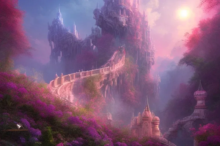 mystical long stairway up to heaven in the sky, atmospheric pink mist, beautiful colours, fine art, trending on artstation, masterpiece